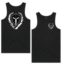 Load image into Gallery viewer, mens-black-black-white-gym-wear-tank-top-singlet-fitness-apparel-strive-to-conquer-triumph-collection
