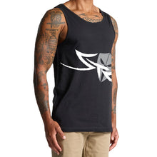 Load image into Gallery viewer, mens-black-grey-white-gym-wear-apparel-tank-top-singlet-fitness-apparel-strive-to-conquer-flex-tank-top-model-angle
