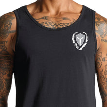 Load image into Gallery viewer, mens-black-grey-white-gym-wear-tank-top-singlet-fitness-apparel-strive-to-conquer-triumph-collection-model-chest
